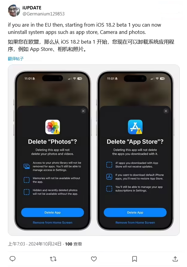 威县苹果手机维修分享iOS 18.2 支持删除 App Store 应用商店 