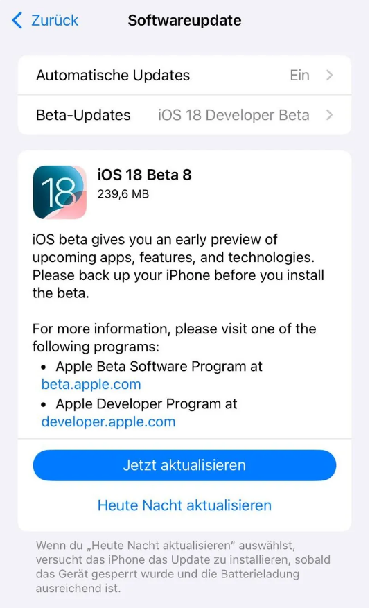威县苹果手机维修分享苹果 iOS / iPadOS 18 开发者预览版 Beta 8 发布 